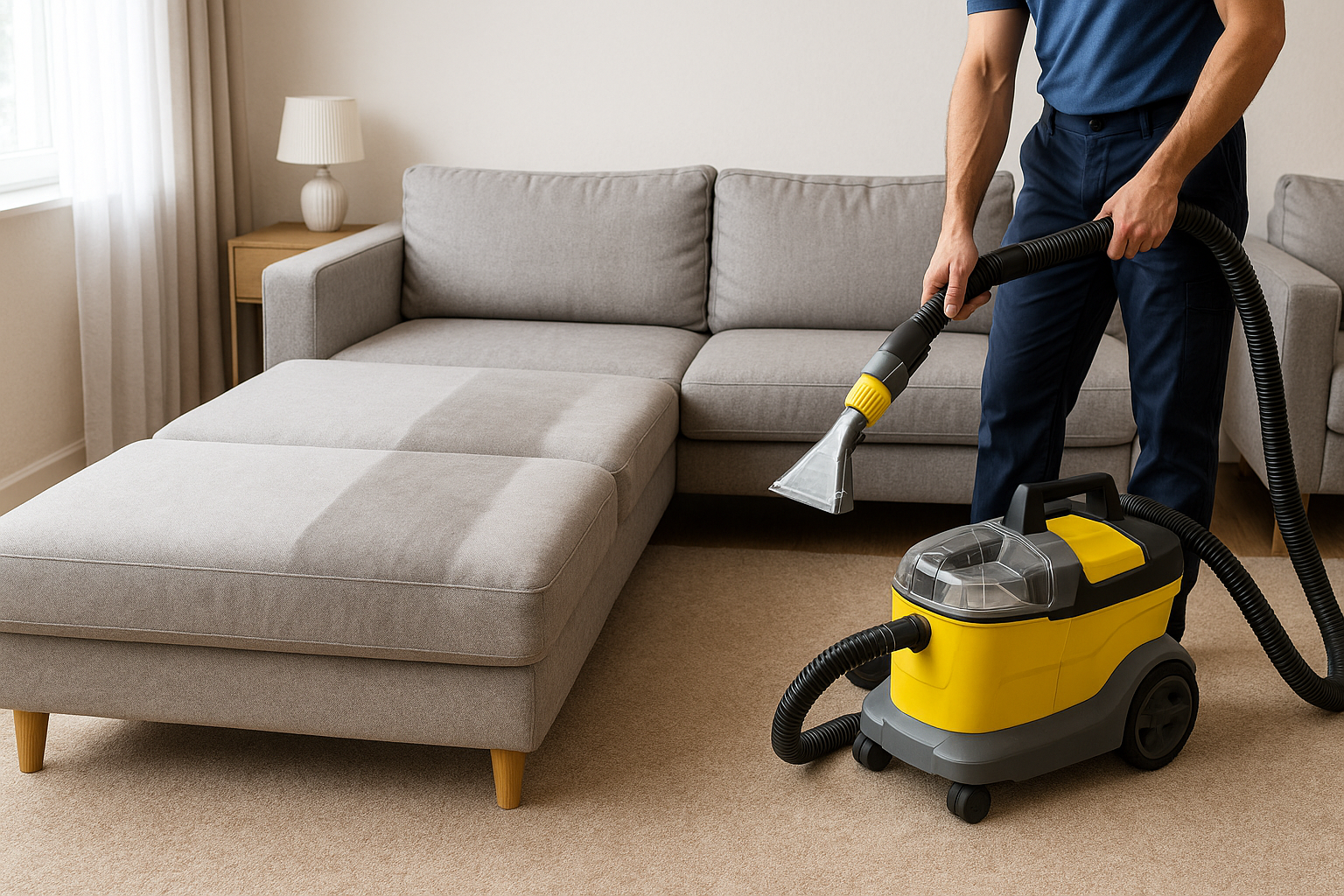 Oturma odasında profesyonel koltuk yıkama makinesi